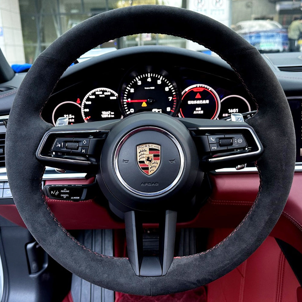 15-Inch All-Black Leather Steering Wheel Cover For Porsche – Faux Leather Grip